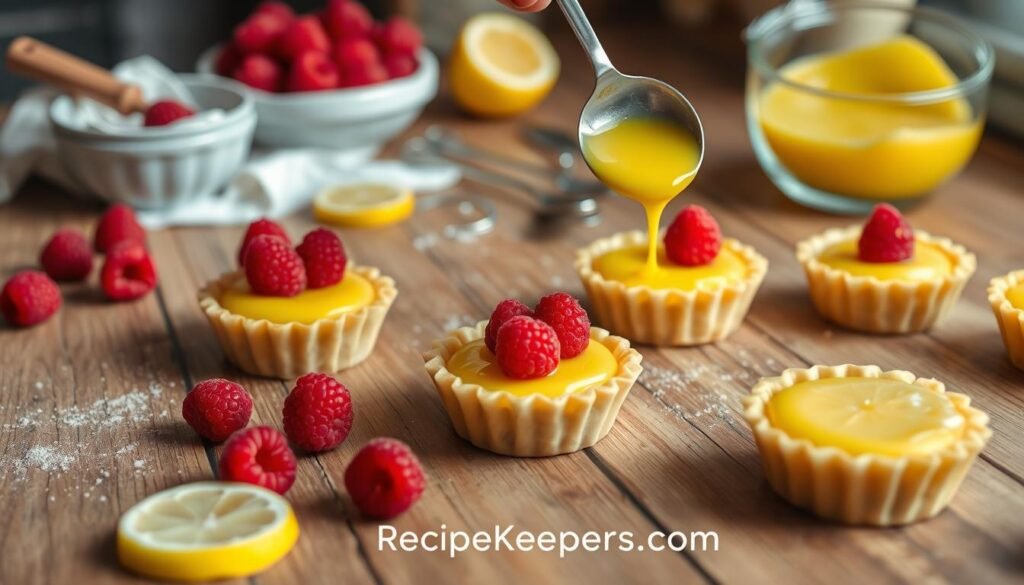 Assembling Individual-Sized Lemon Raspberry Tarts