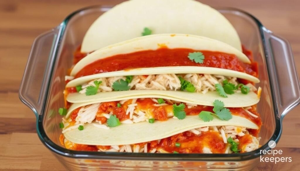 Chicken Enchilada Casserole Layering