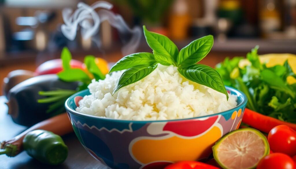Coconut Rice with Basil Garnish