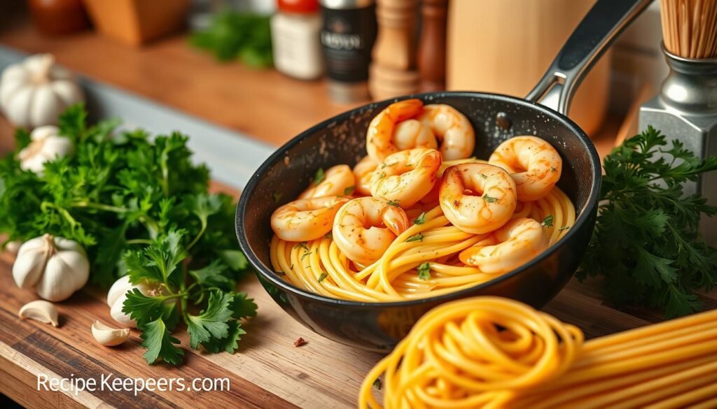 Cooking Garlic Butter Shrimp Pasta