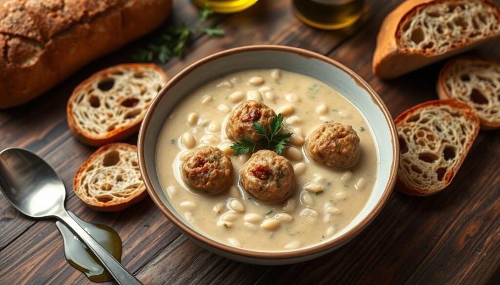 Creamy Tuscan White Bean Soup with Mushroom Walnut Meatballs