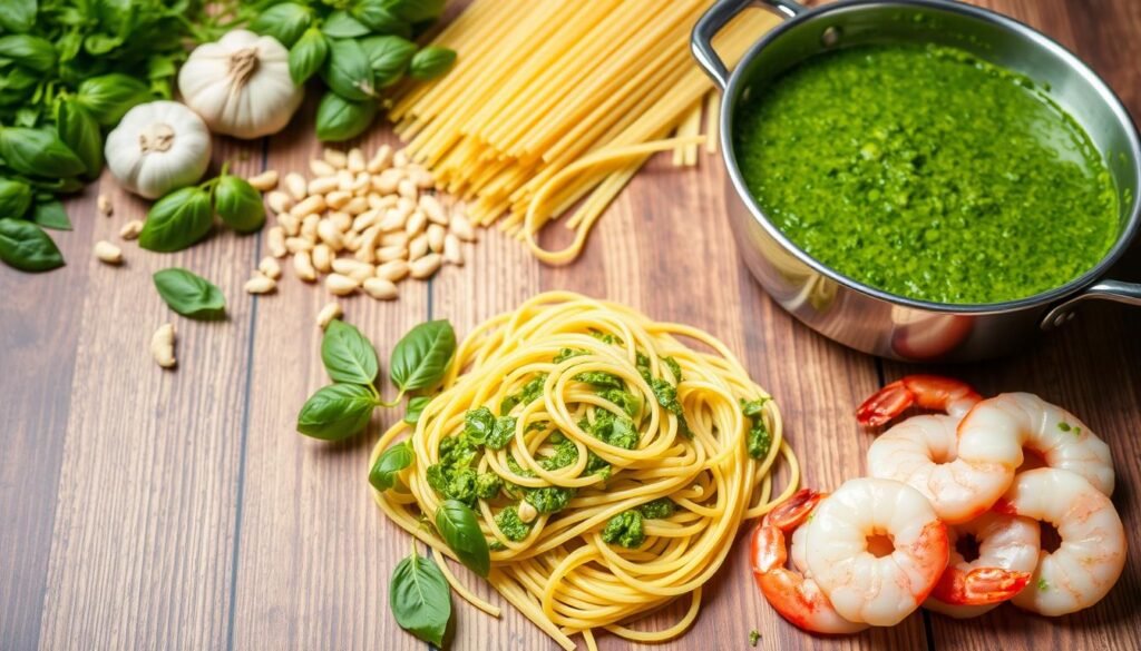 Pesto Pasta with Shrimp Preparation