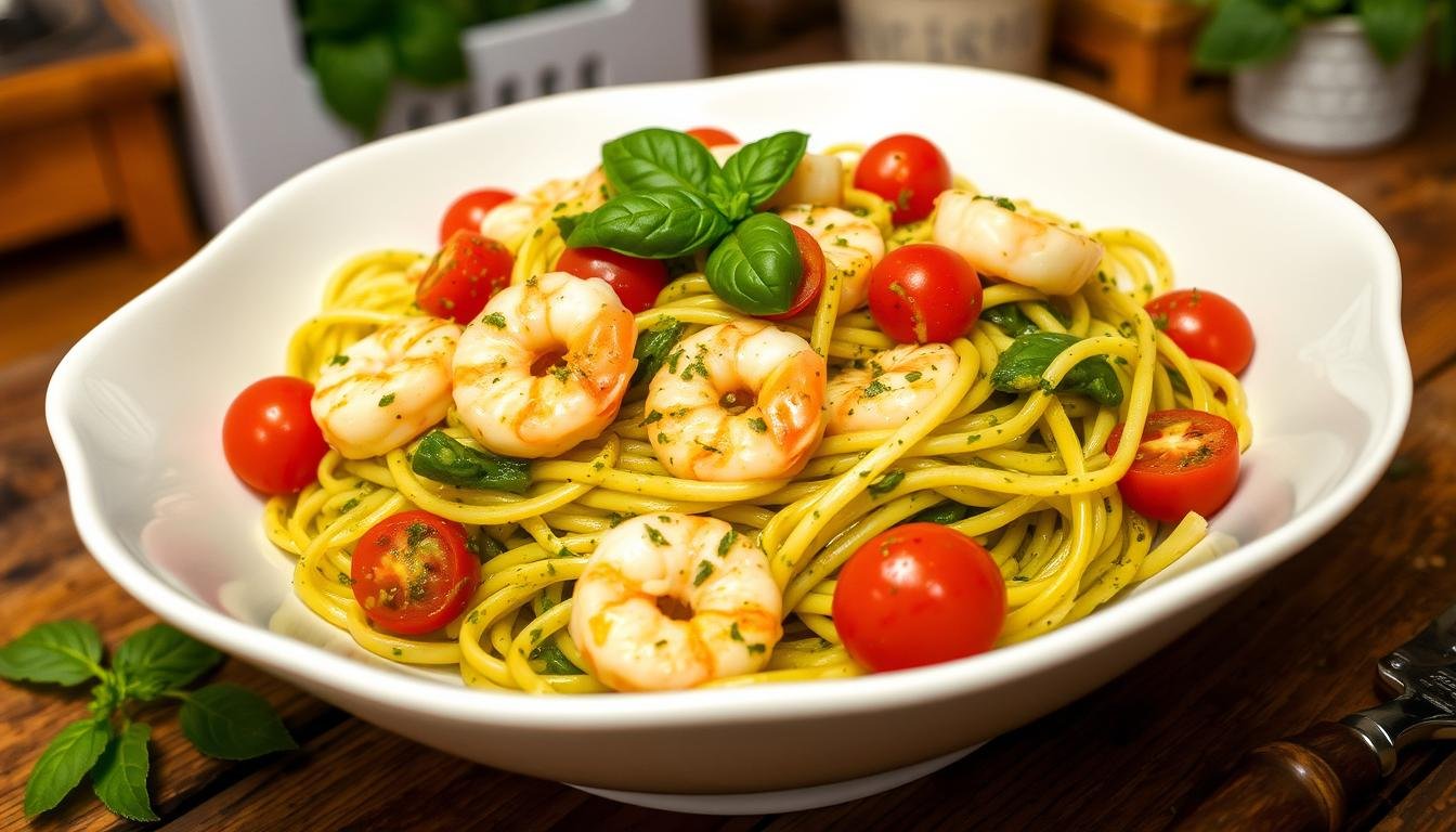 Simple Pesto Shrimp Linguine