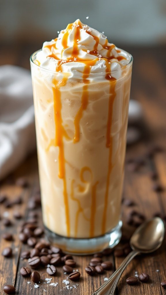 A refreshing salted caramel protein cold brew in a glass with whipped cream and caramel drizzle.