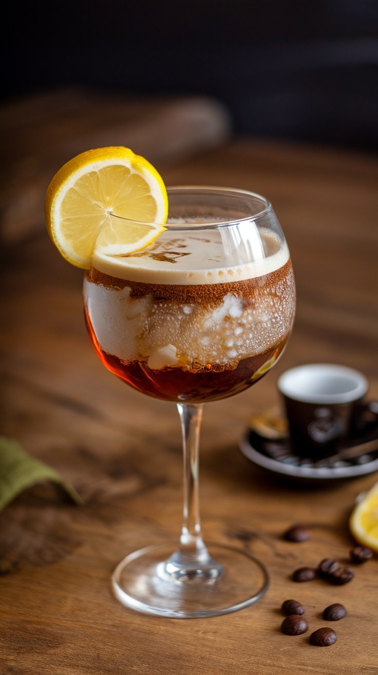 Sparkling Espresso Tonic Recipe A glass of Sparkling Espresso Tonic with espresso, tonic water, and lemon wedge on a rustic table.