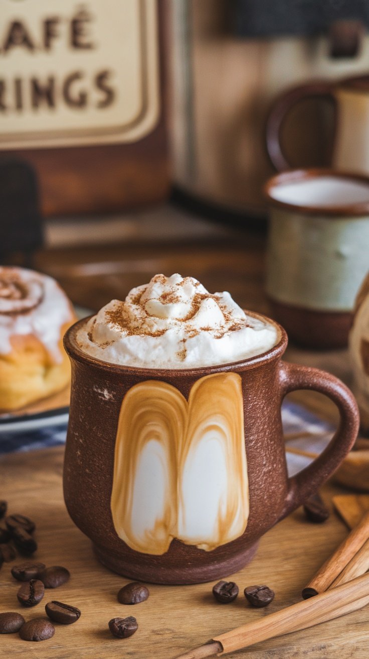 Delicious Cinnamon Roll Latte Recipe A delicious cinnamon roll latte in a rustic mug, topped with whipped cream and cinnamon, alongside a cinnamon roll on a plate.