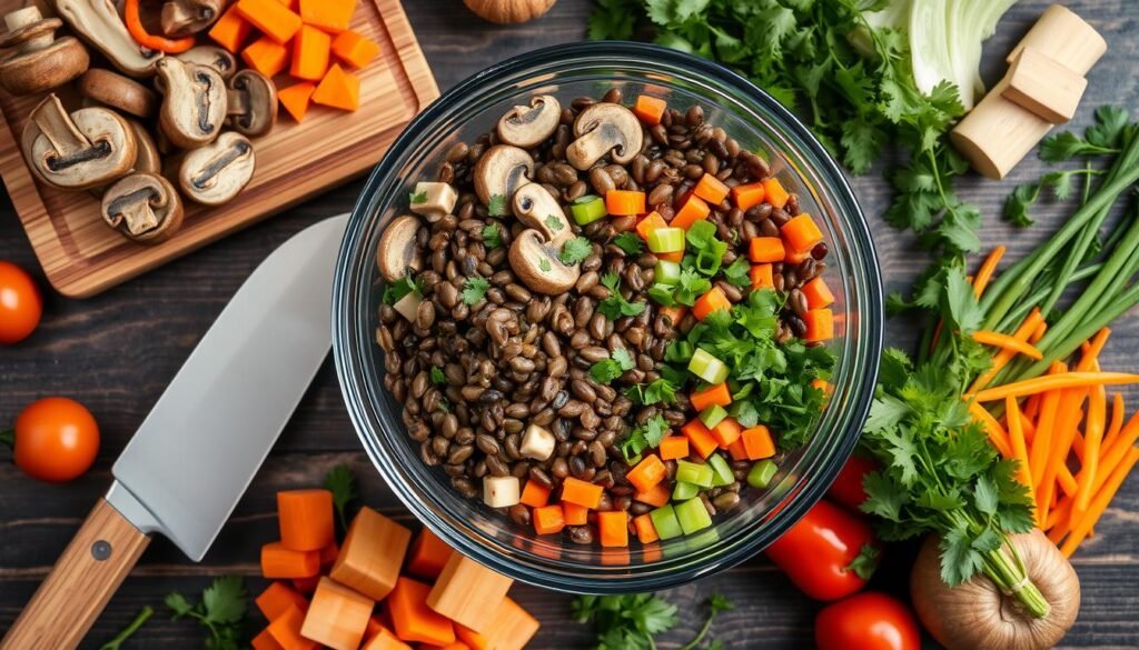 Vegan Lentil and Mushroom Wellington Filling Preparation