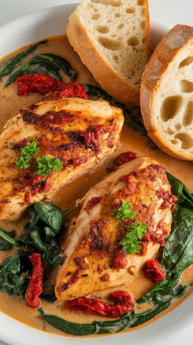 Creamy Tuscan Chicken with spinach and sun-dried tomatoes served with bread.