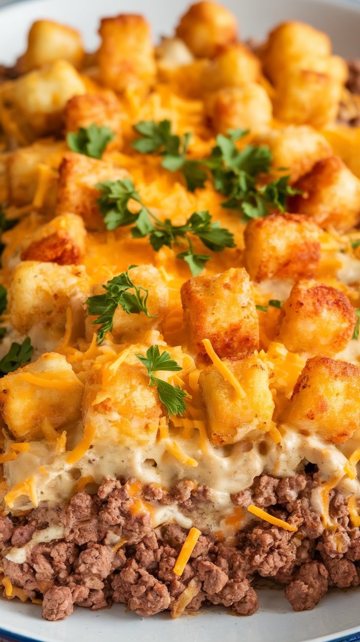 A delicious cowboy casserole topped with crispy tater tots and cheese.