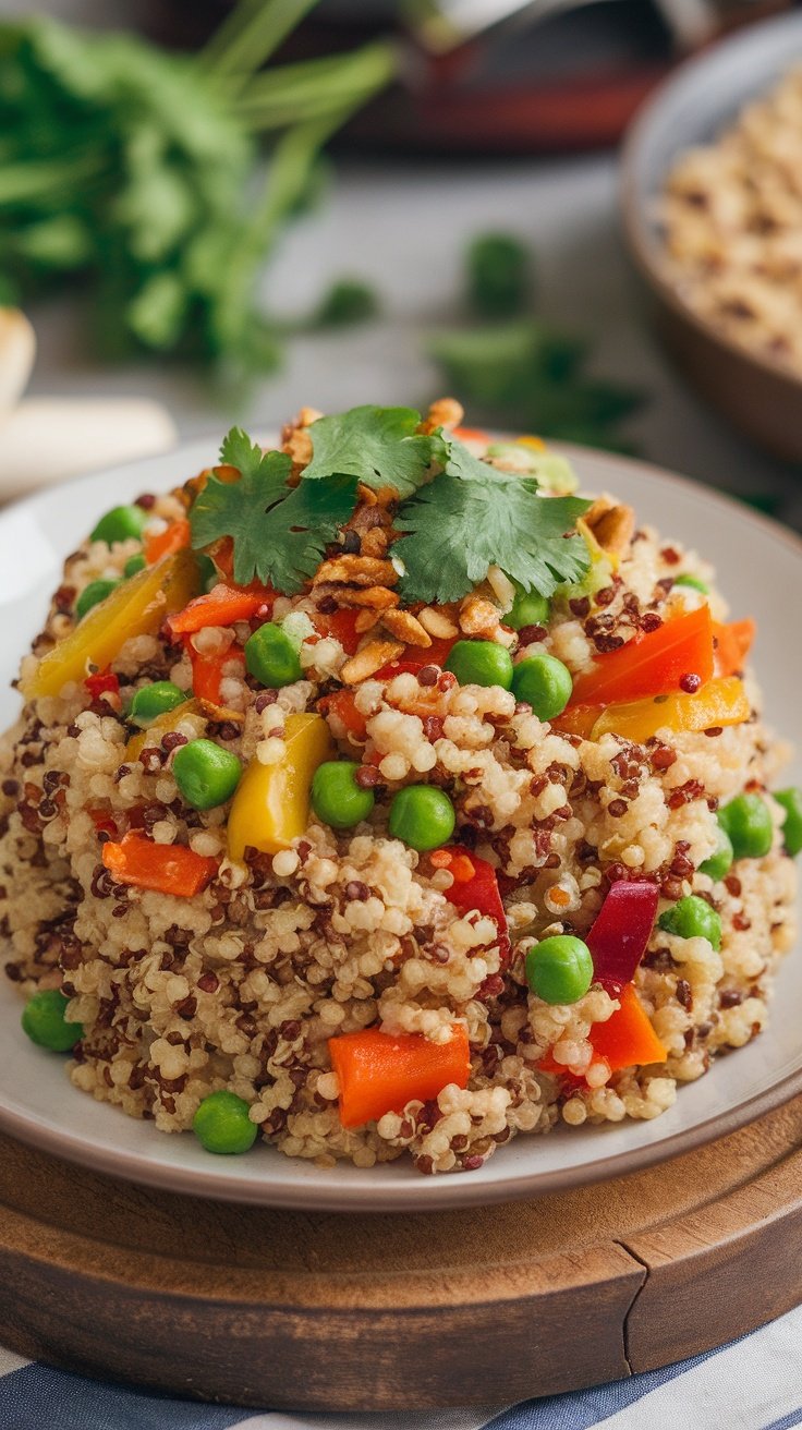 A colorful and healthy bowl of quinoa vegetable pilaf topped with fresh herbs.