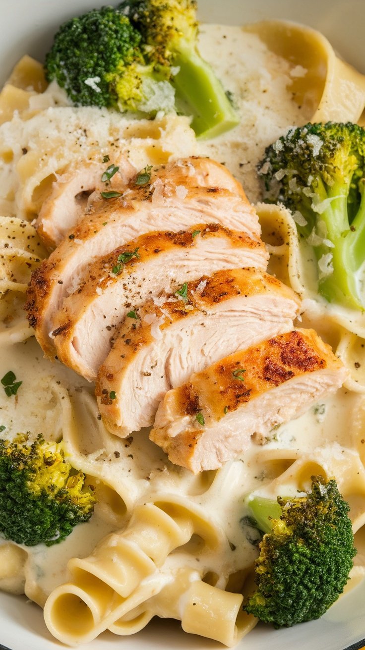 Delicious chicken alfredo with broccoli, fettuccine in creamy sauce