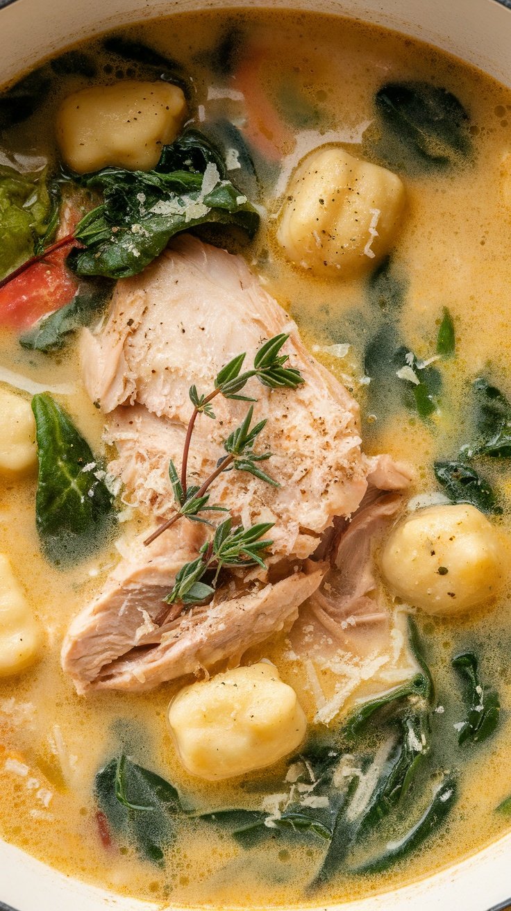 A warm bowl of Italian Chicken Gnocchi Soup with chicken, gnocchi, and spinach.