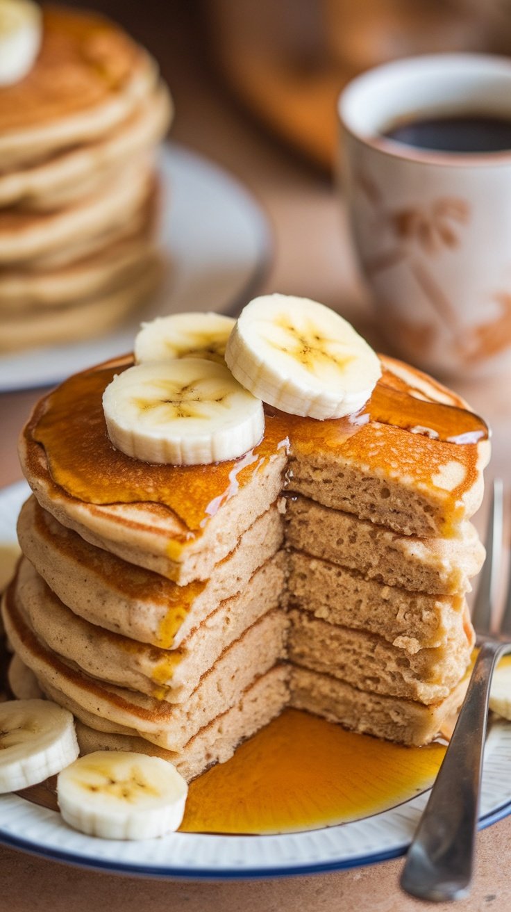 Fluffy protein pancakes topped with banana and syrup