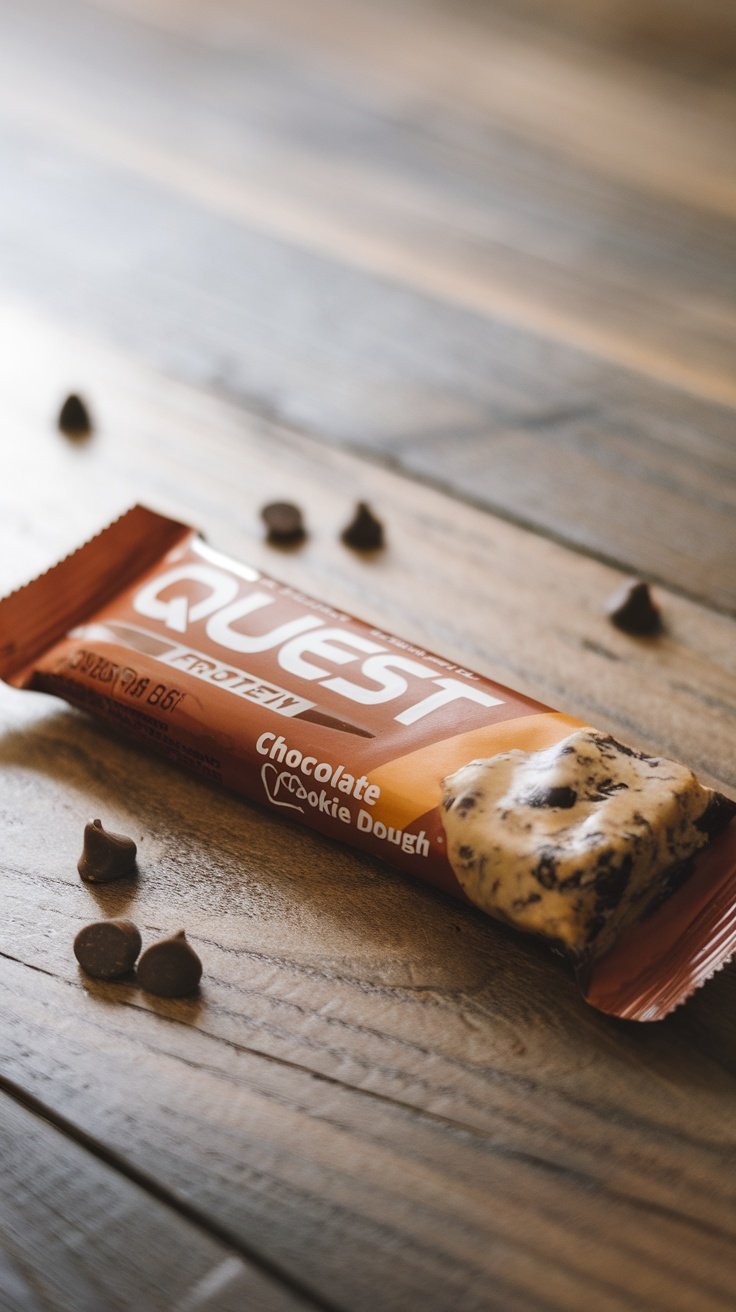 A Quest Protein Bar on a wooden table with chocolate chips