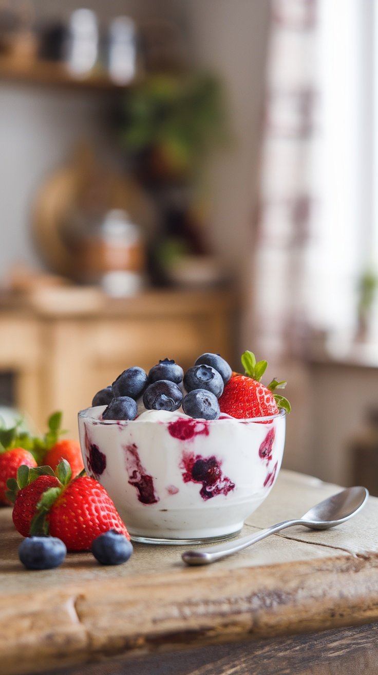 Bowl of Oikos Triple Zero Greek Yogurt topped with mixed berries