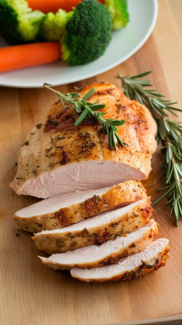 Sliced chicken breast garnished with herbs, surrounded by fresh vegetables.