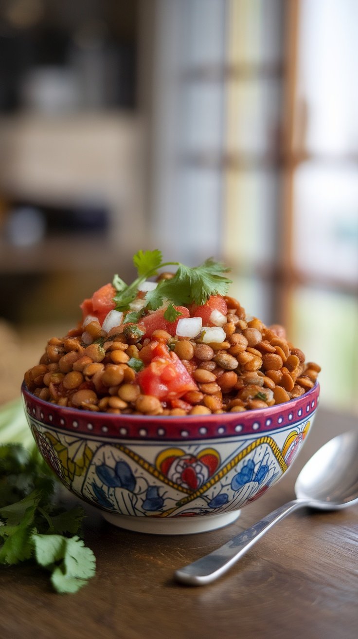 A colorful bowl of lentils topped with fresh tomatoes and cilantro.