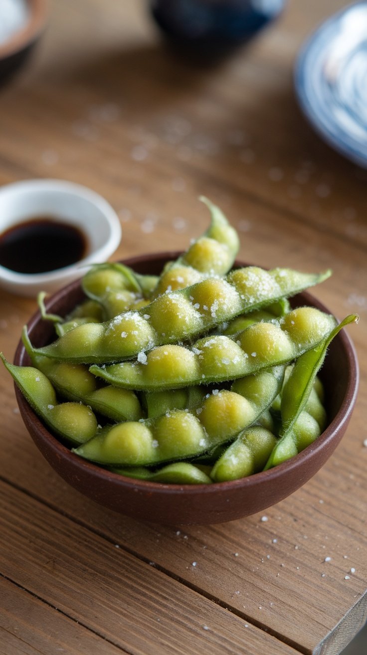 A bowl of steamed edamame sprinkled with salt, served with dipping sauce