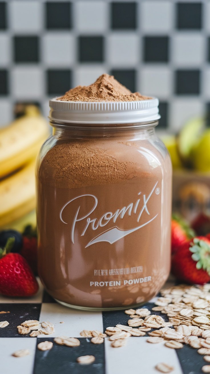 Container of Promix Protein Powder on a checkered surface with bananas and strawberries in the background