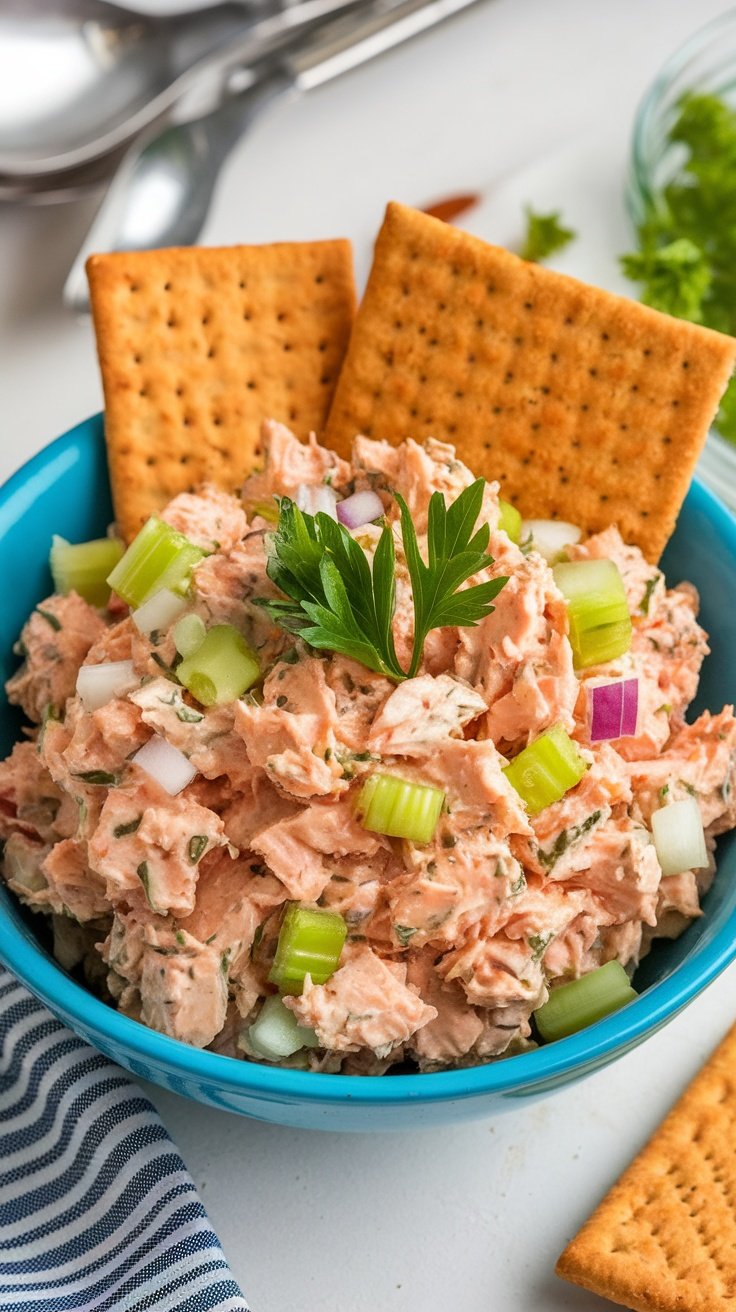 A bowl of tuna salad garnished with vegetables and served with crackers.