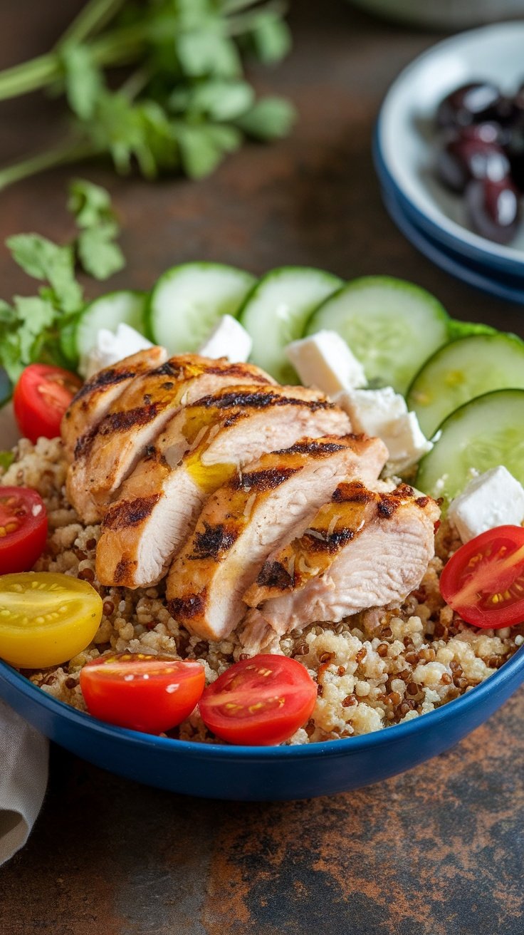 A Greek Chicken Bowl featuring grilled chicken, quinoa, tomatoes, cucumbers, and feta cheese.