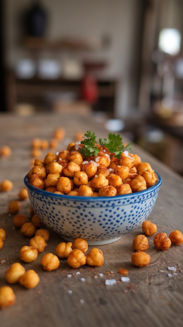 Bowl of roasted chickpeas with seasoning.