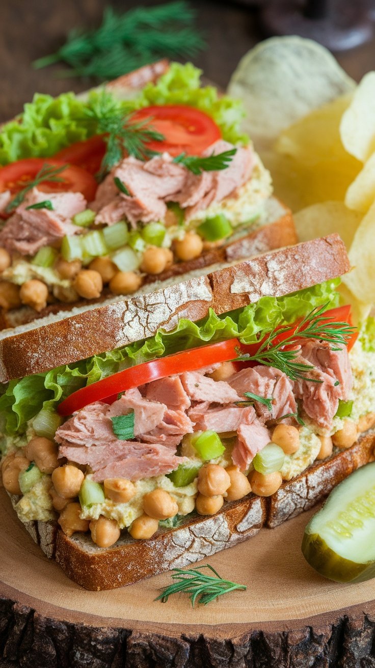 Chickpea tuna salad sandwiches with lettuce, tomatoes, and celery on whole grain bread