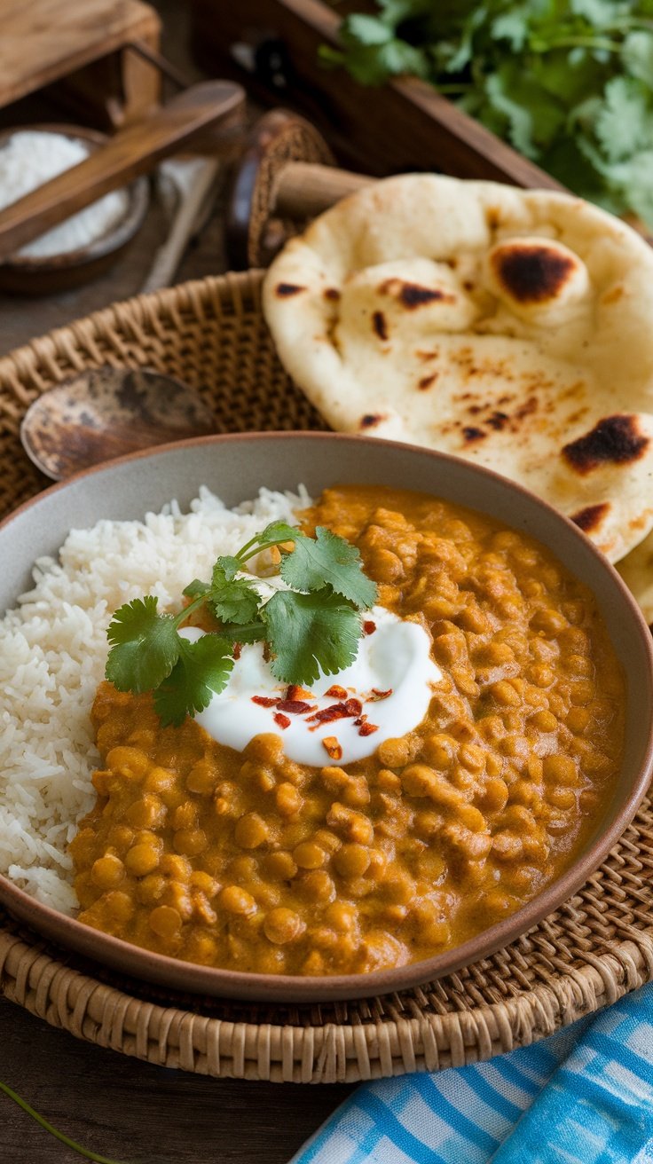 Bowl of creamy coconut curry lentils served with rice and naan bread