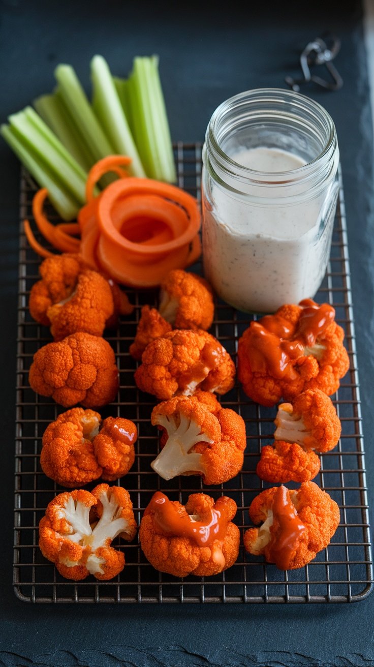 A plate of crispy buffalo cauliflower wings with carrot curls, celery sticks, and a creamy dip.