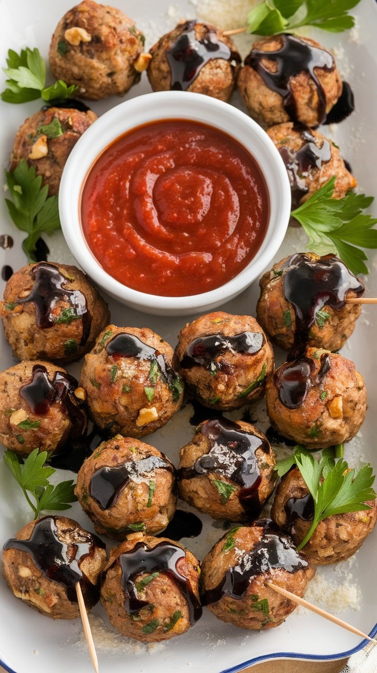 A platter of Mushroom Walnut Meatballs with a bowl of marinara sauce