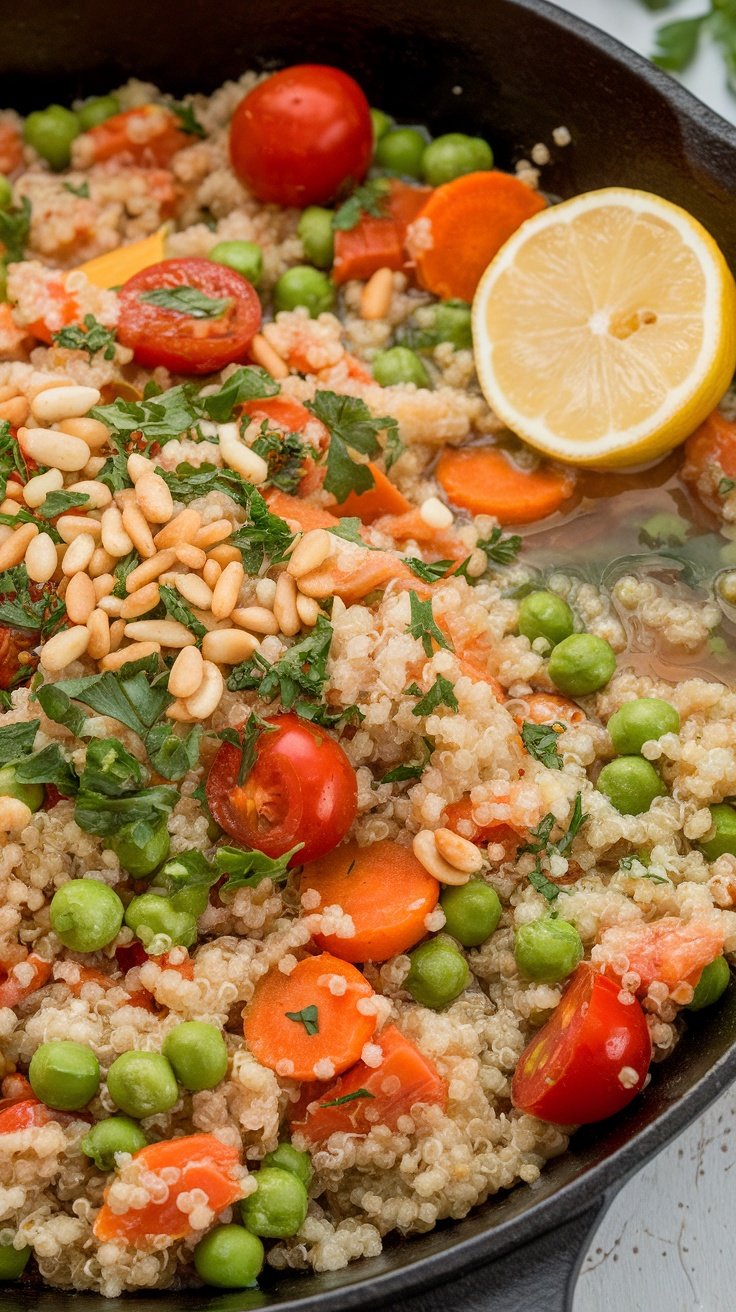 One-Pot Quinoa Vegetable Pilaf with colorful vegetables and lemon