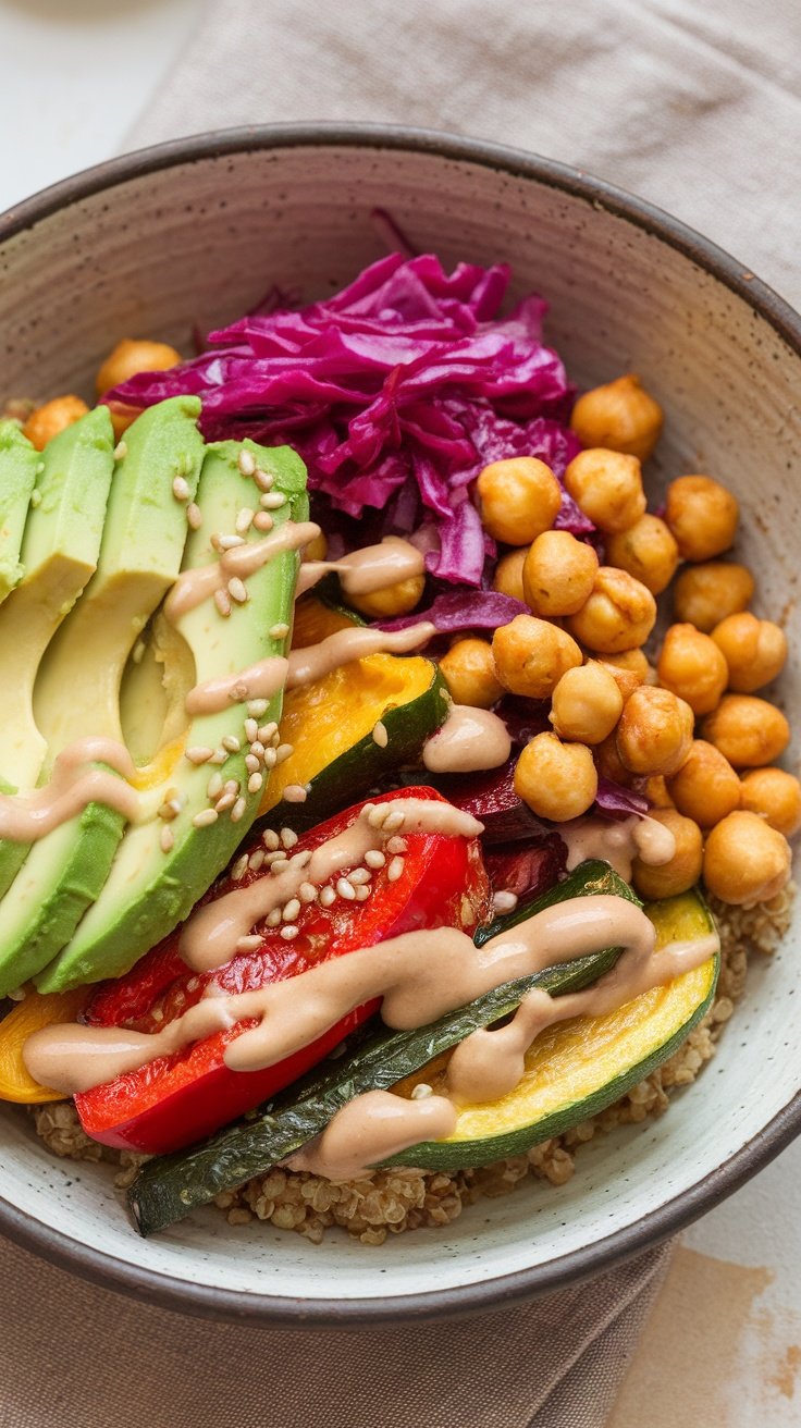 A colorful Roasted Vegetable Buddha Bowl with quinoa, chickpeas, avocado, bell peppers, and tahini sauce.