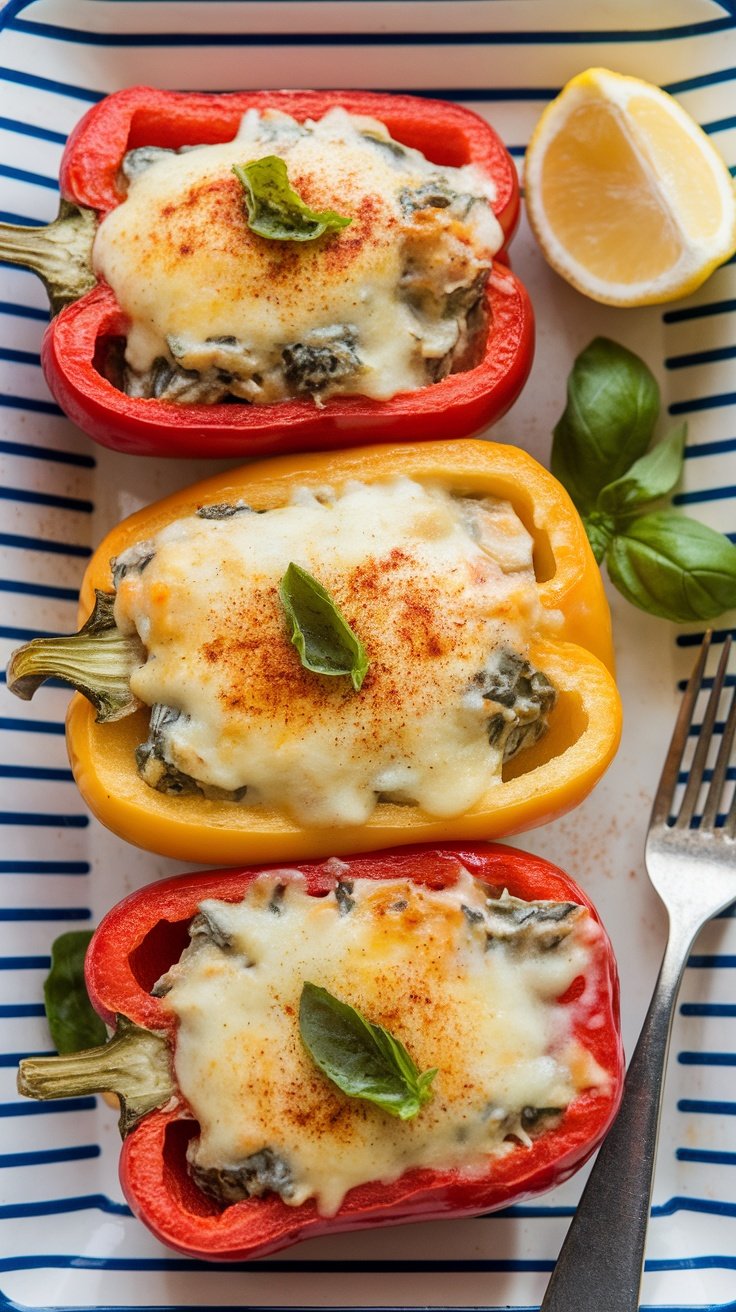 Three stuffed bell peppers with spinach and artichoke filling topped with melted cheese, placed on a striped plate with lemon slices.