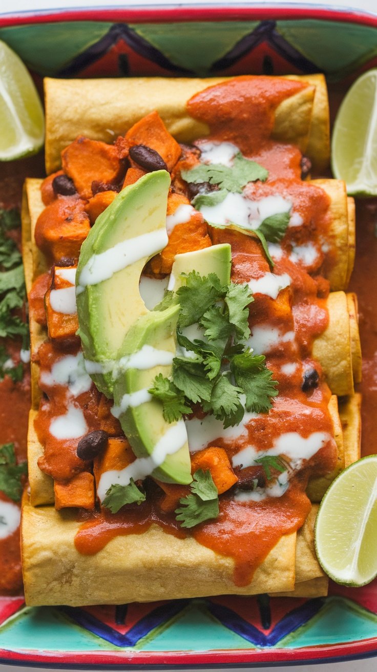 Delicious Sweet Potato Black Bean Enchiladas topped with avocado, cilantro, and lime