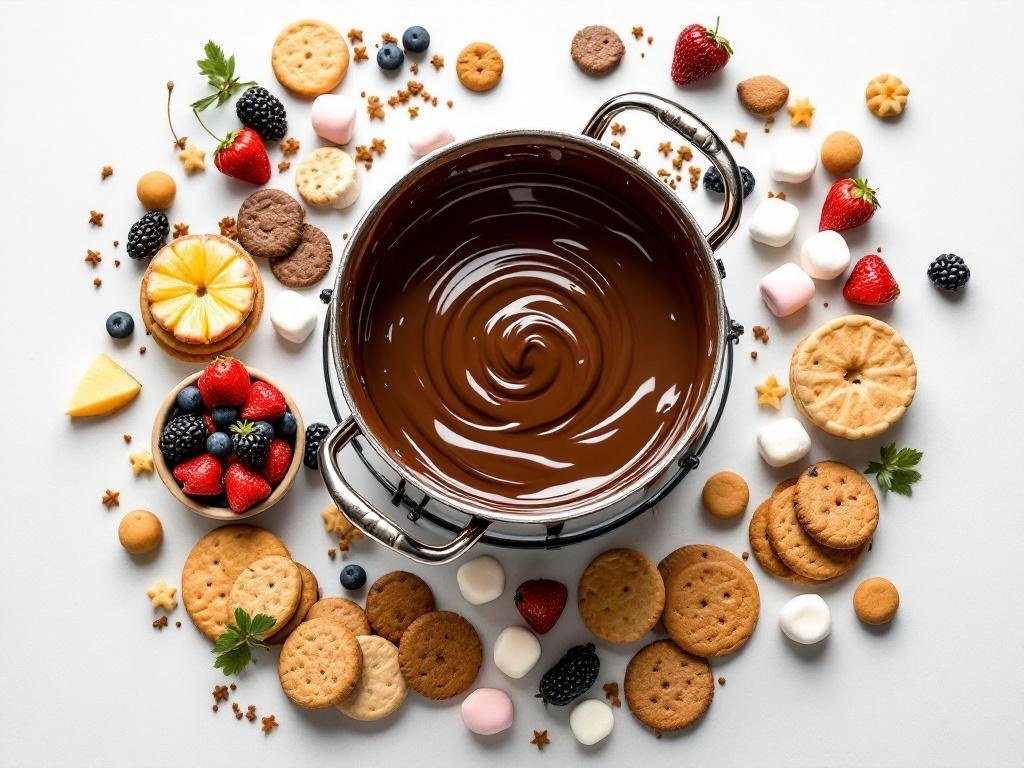 A pot of melted chocolate surrounded by assorted dippers like fruits and cookies.