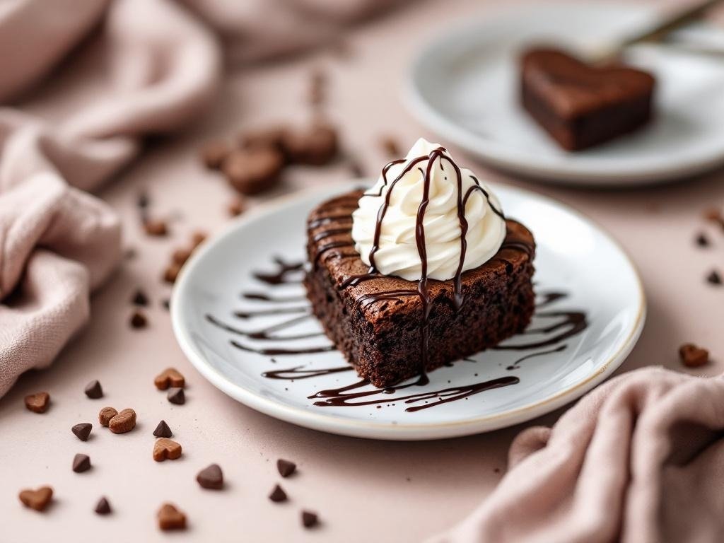 Heart-shaped brownies topped with whipped cream and chocolate drizzle on a plate.