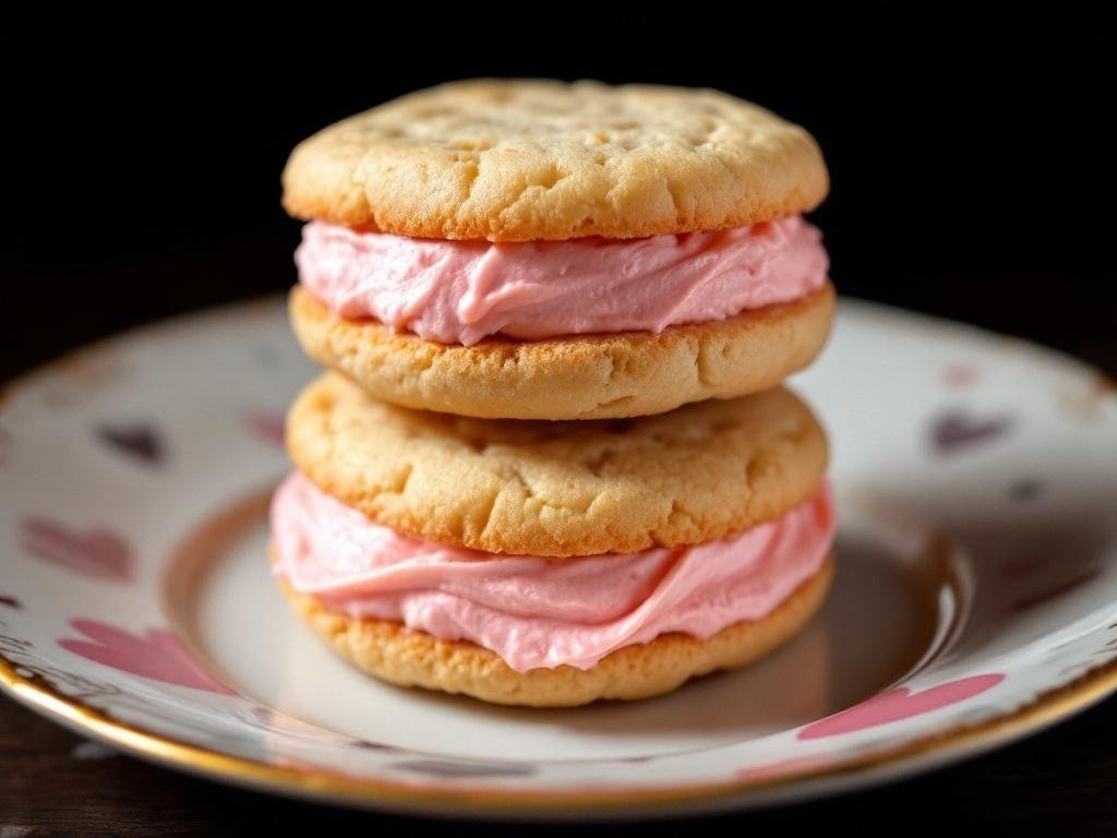 Two sugar cookie sandwiches with pink cream filling on a decorative plate