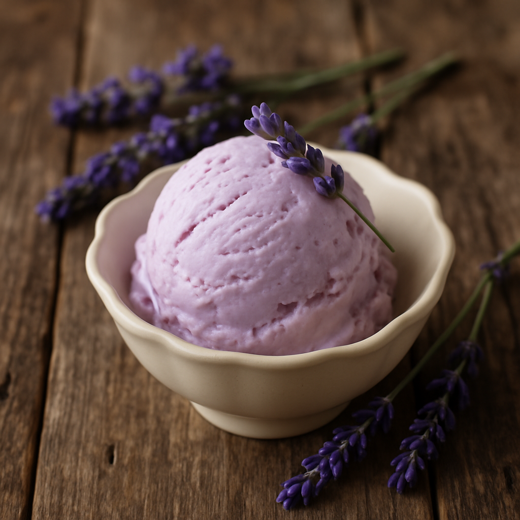 A bowl of lavender honey ice cream garnished with lavender sprigs on a wooden table.
