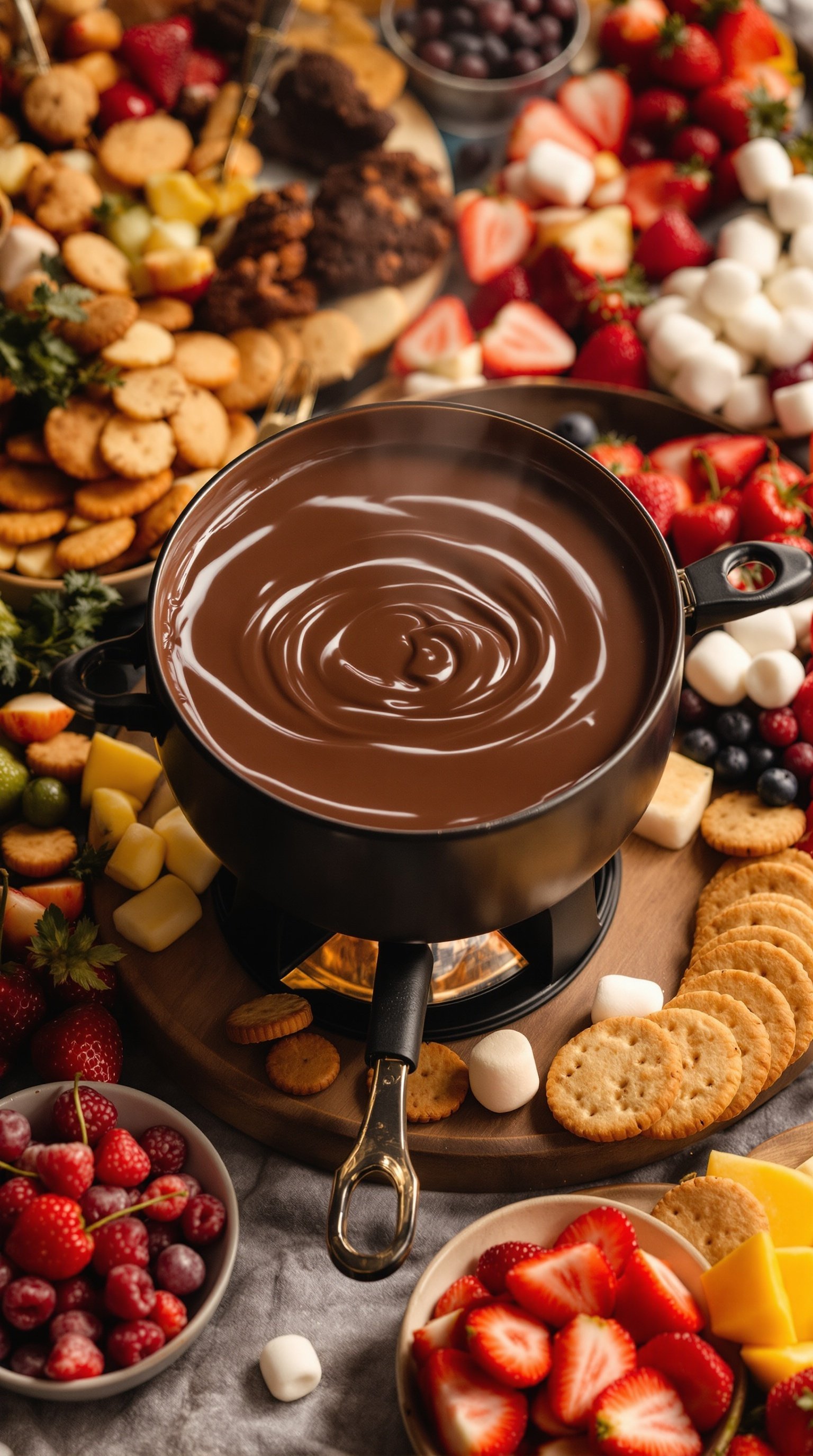 A pot of melted chocolate surrounded by various dipping treats like strawberries, cookies, and marshmallows.