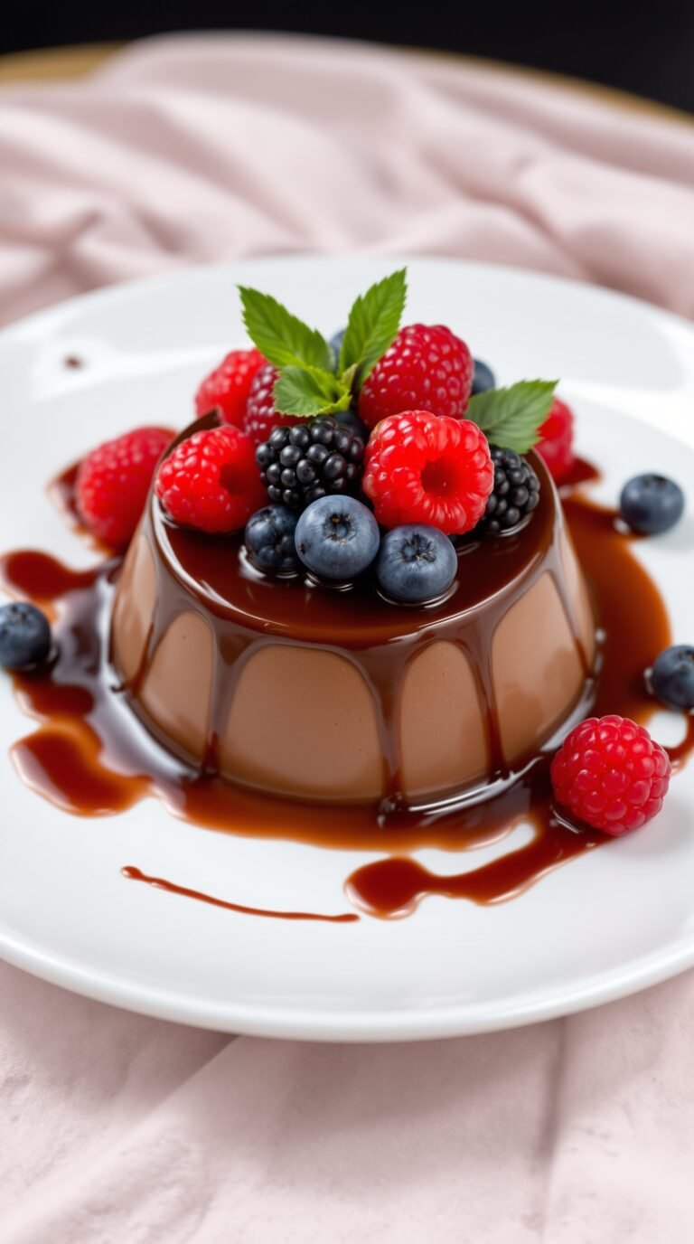 A delicious chocolate panna cotta topped with fresh berries and chocolate sauce on a white plate.