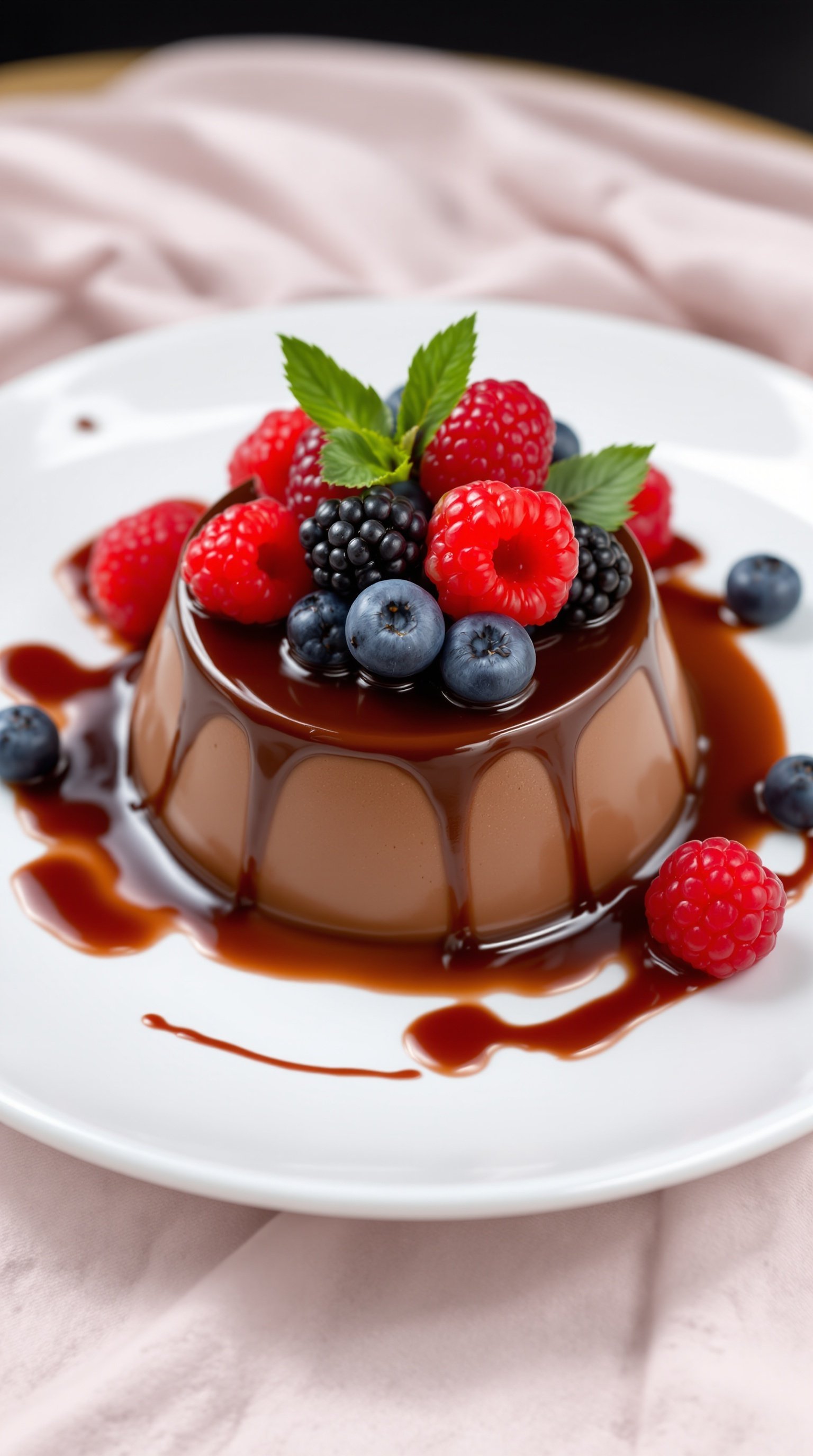 A delicious chocolate panna cotta topped with fresh berries and chocolate sauce on a white plate.
