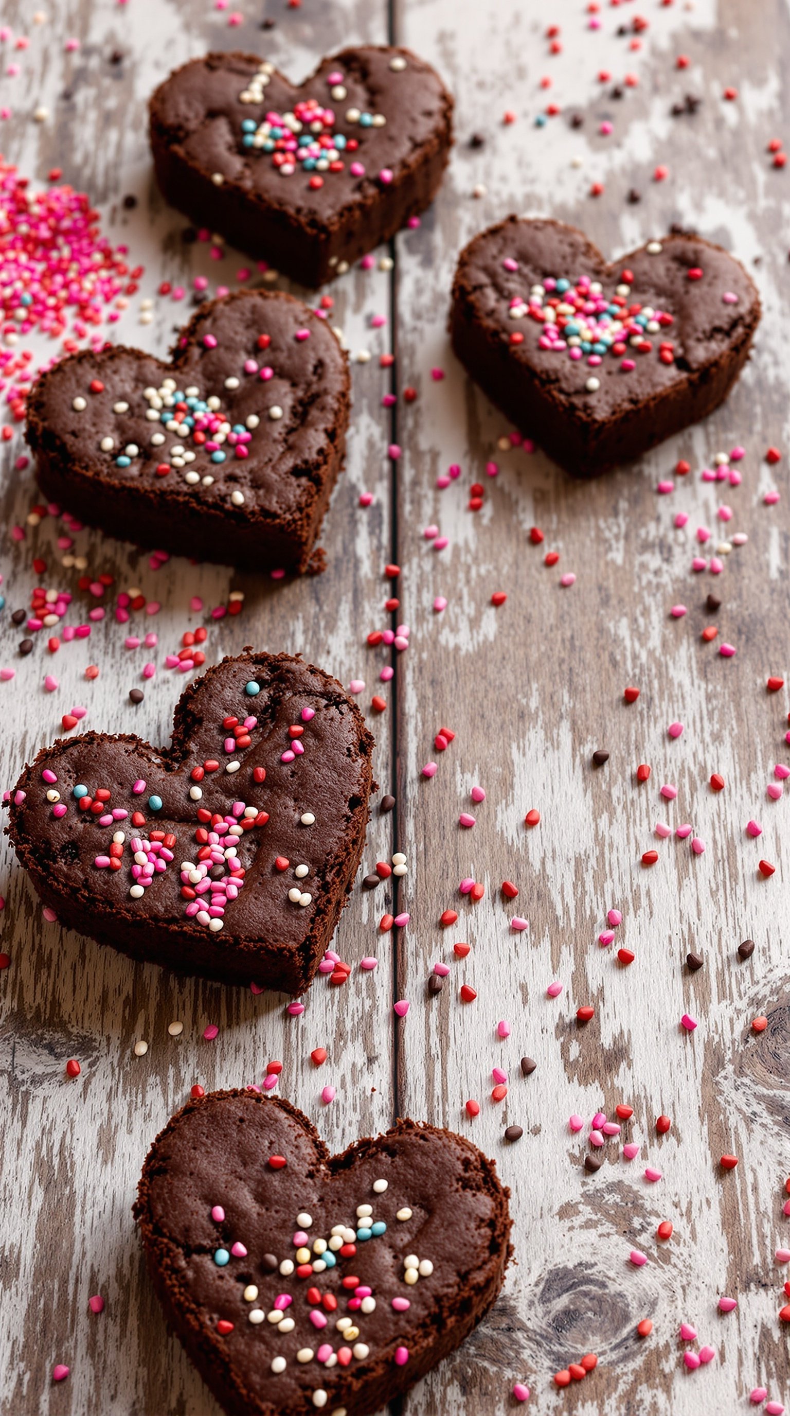 Heart-shaped brownies topped with colorful sprinkles on a rustic wooden surface.