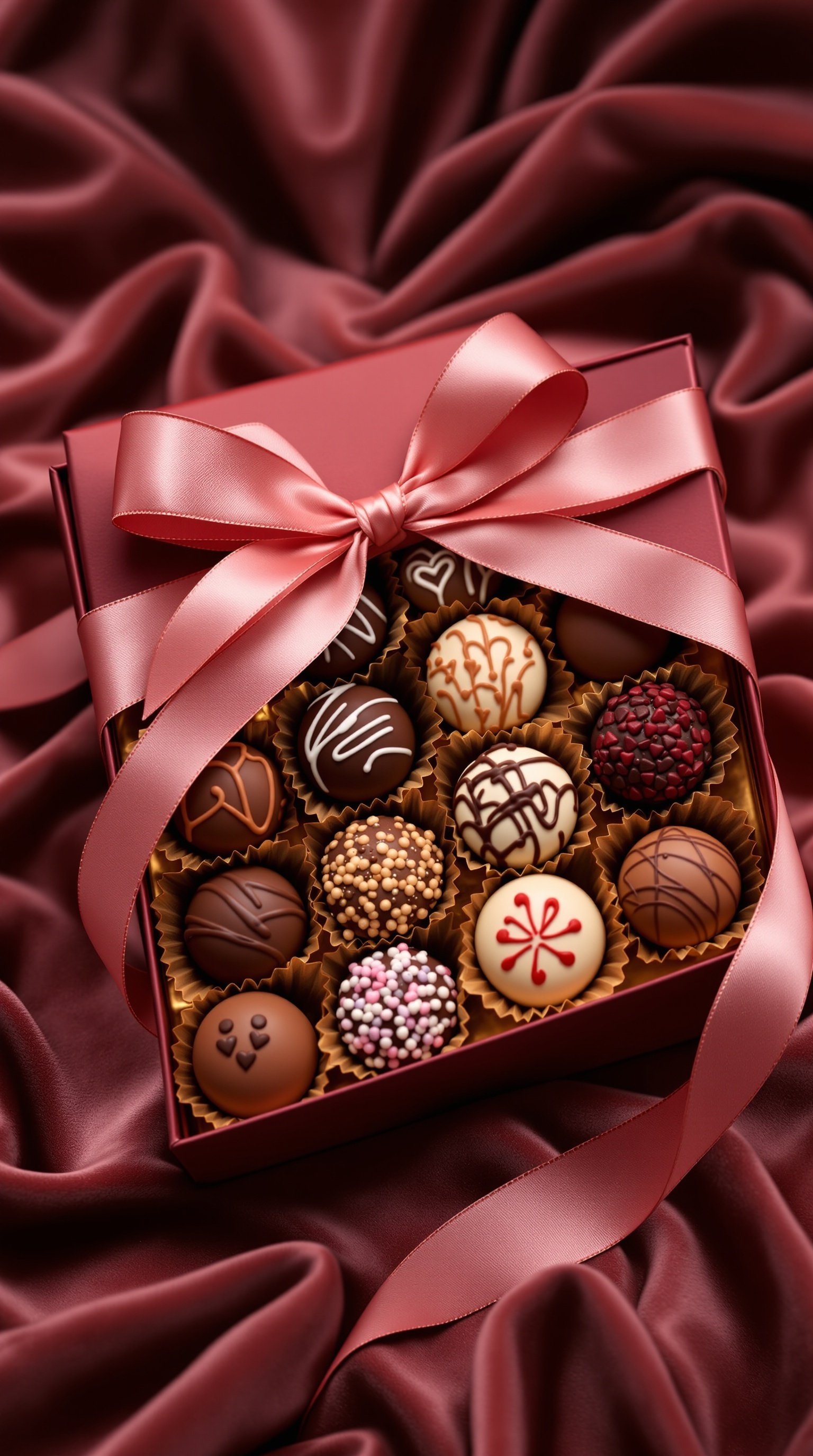A beautifully arranged box of assorted chocolate truffles with a pink ribbon on a silky red background.
