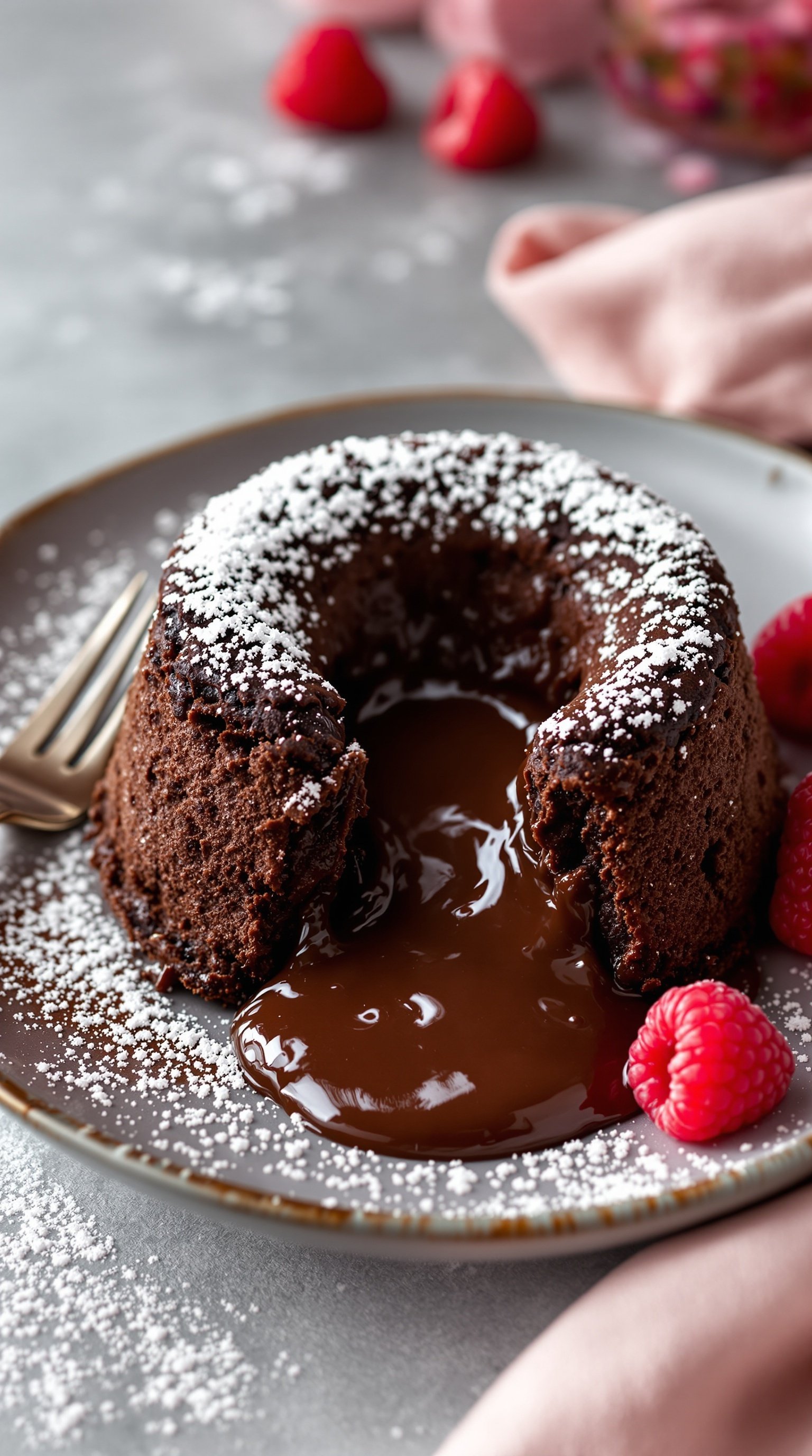 A rich chocolate lava cake with a gooey chocolate center, garnished with raspberries and powdered sugar.