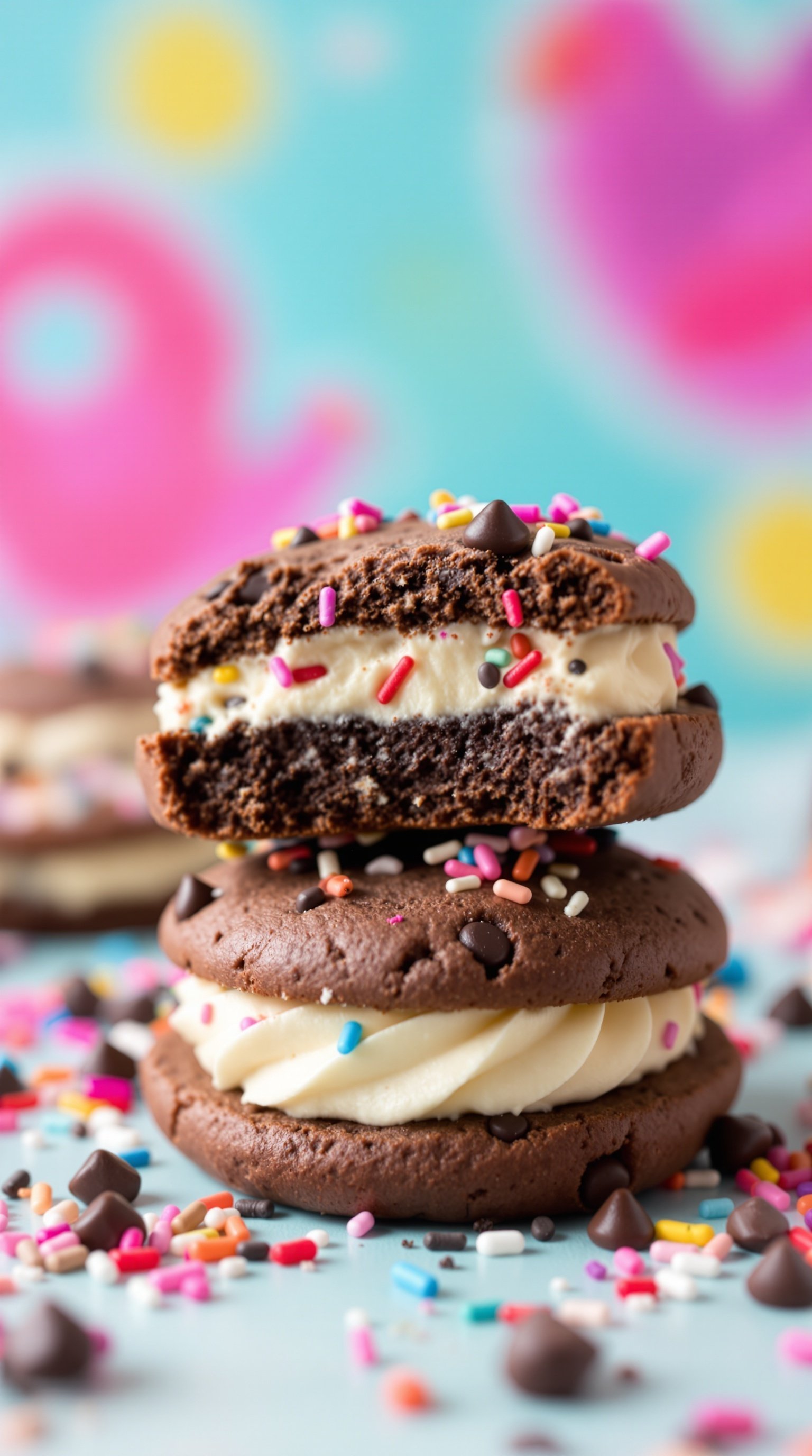 Chocolate chip cookie sandwiches with colorful sprinkles