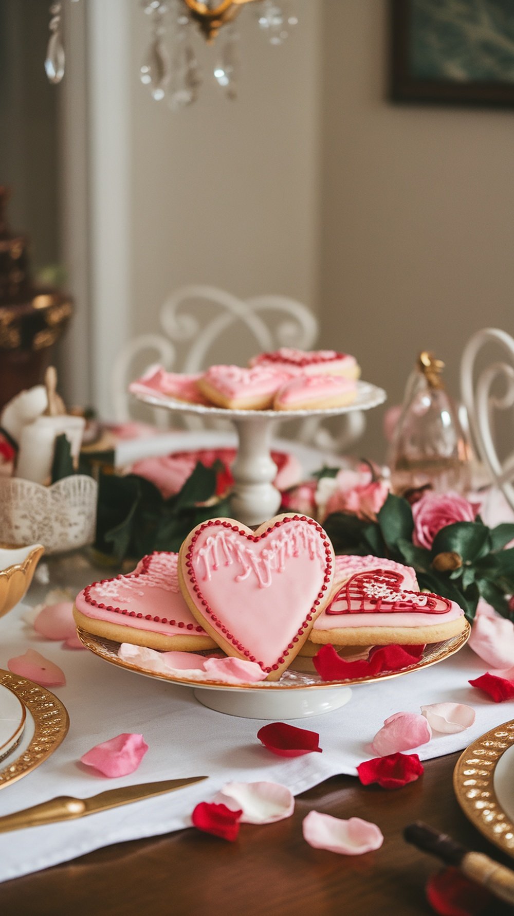 A display of heart-shaped sugar cookies decorated with pink icing and surrounded by rose petals.