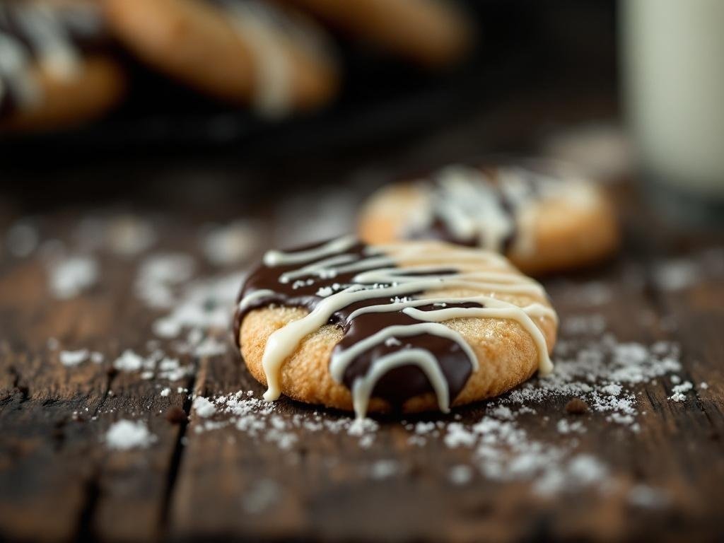 Chocolate-dipped sugar cookies on a wooden table, with a sprinkle of powdered sugar.