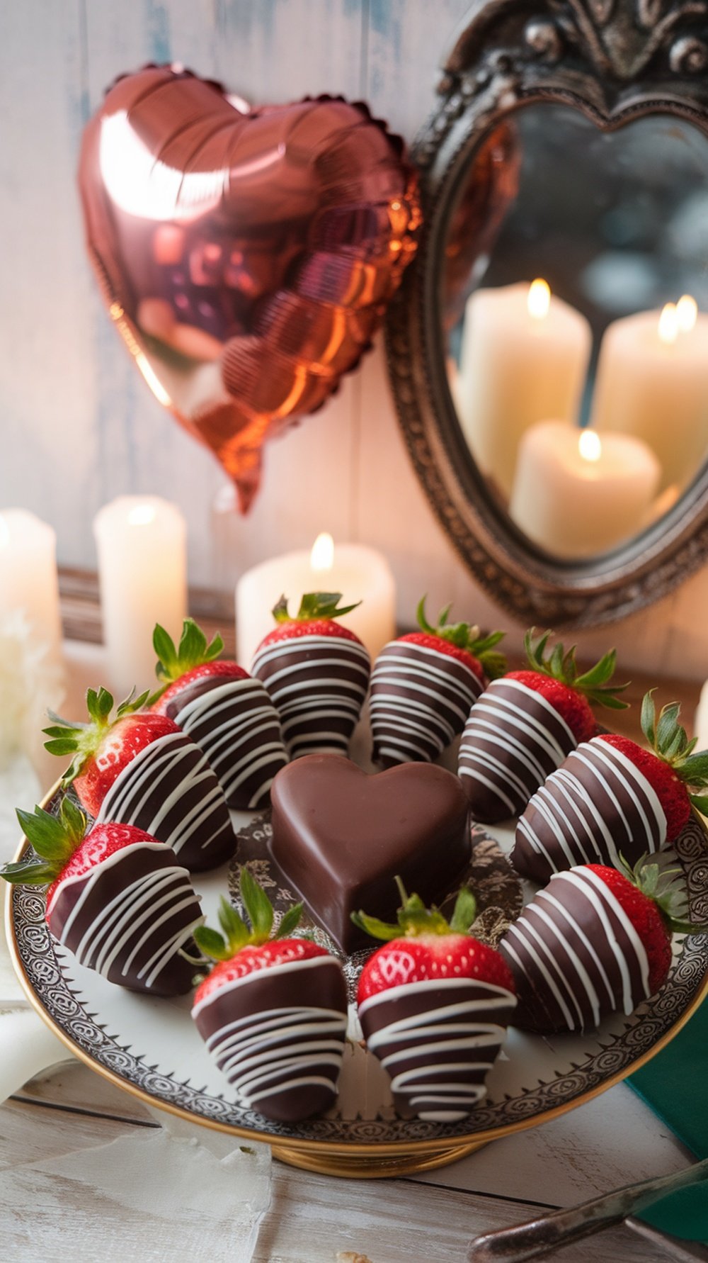 A plate of chocolate-dipped strawberries arranged beautifully with a heart-shaped chocolate in the center, surrounded by candles and a heart-shaped balloon.