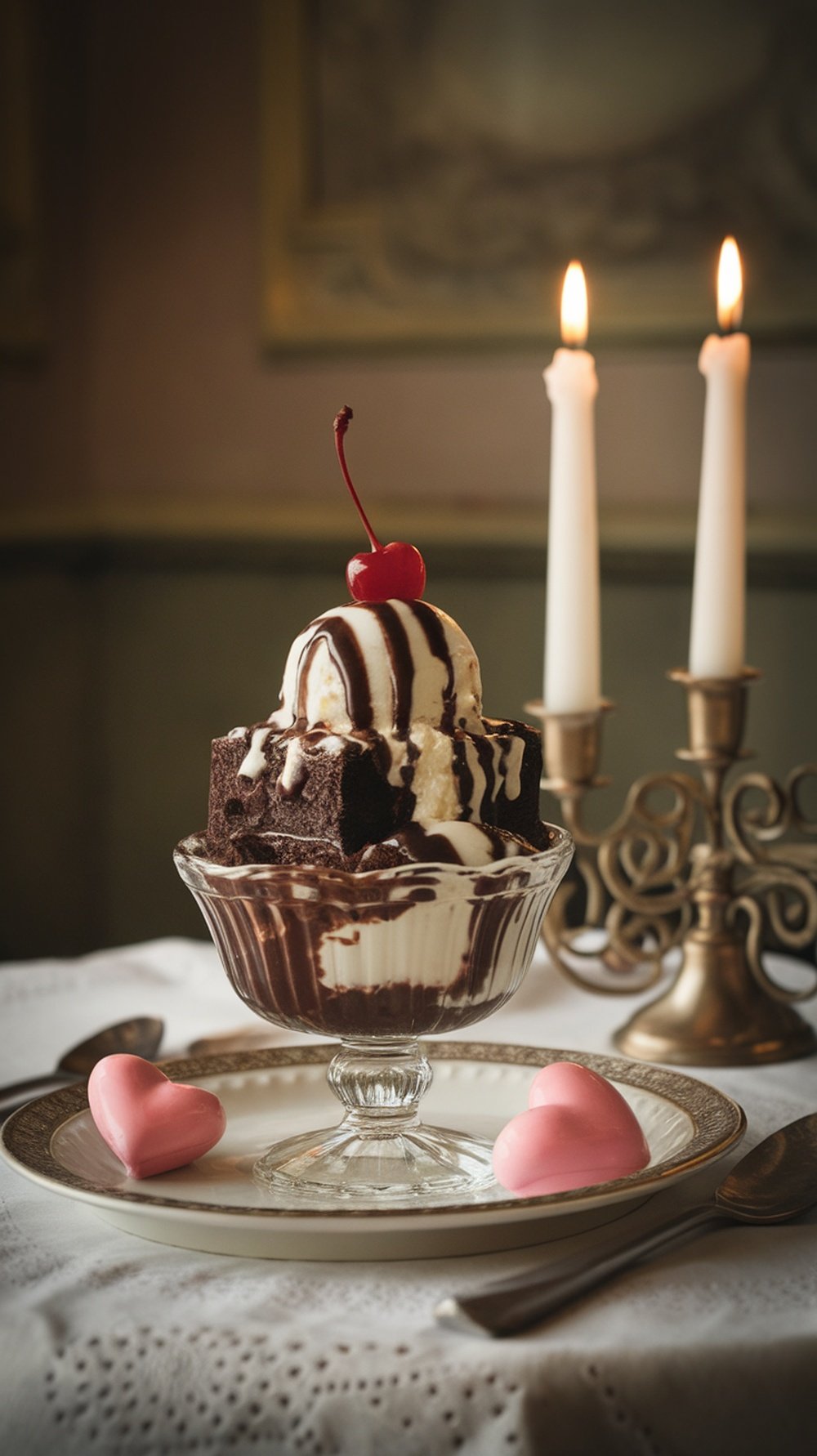 A delicious brownie sundae topped with ice cream, chocolate sauce, and a cherry, with heart-shaped candies on the side.