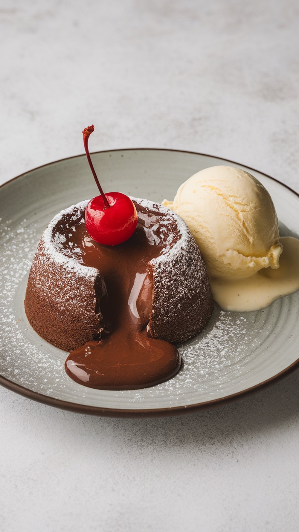 A chocolate lava cake with a cherry on top and a scoop of vanilla ice cream on the side.